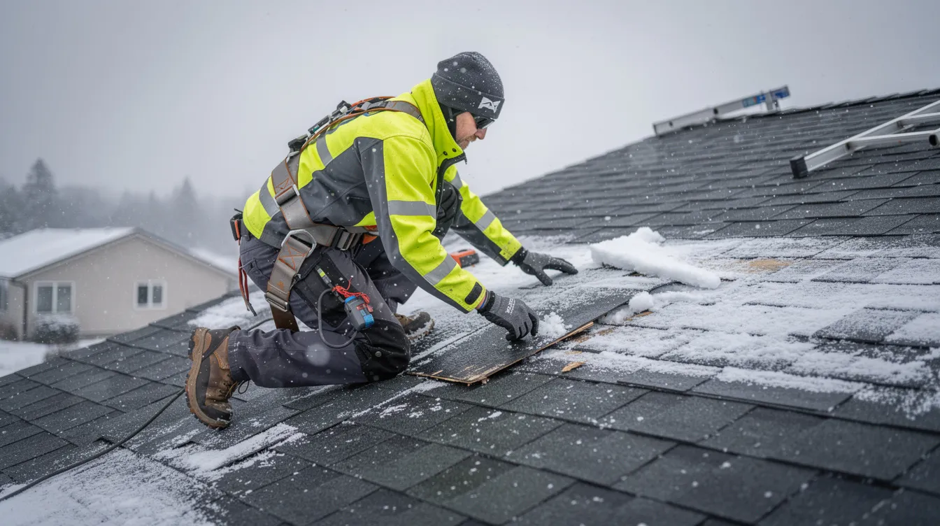 A roofing professional is inspecting asphalt shingles on a residential home while snow falls around them, ensuring there are no damaged or missing shingles that could lead to further damage. This thorough inspection is part of their commitment to providing expert roof repair services and maintaining the integrity of the property.