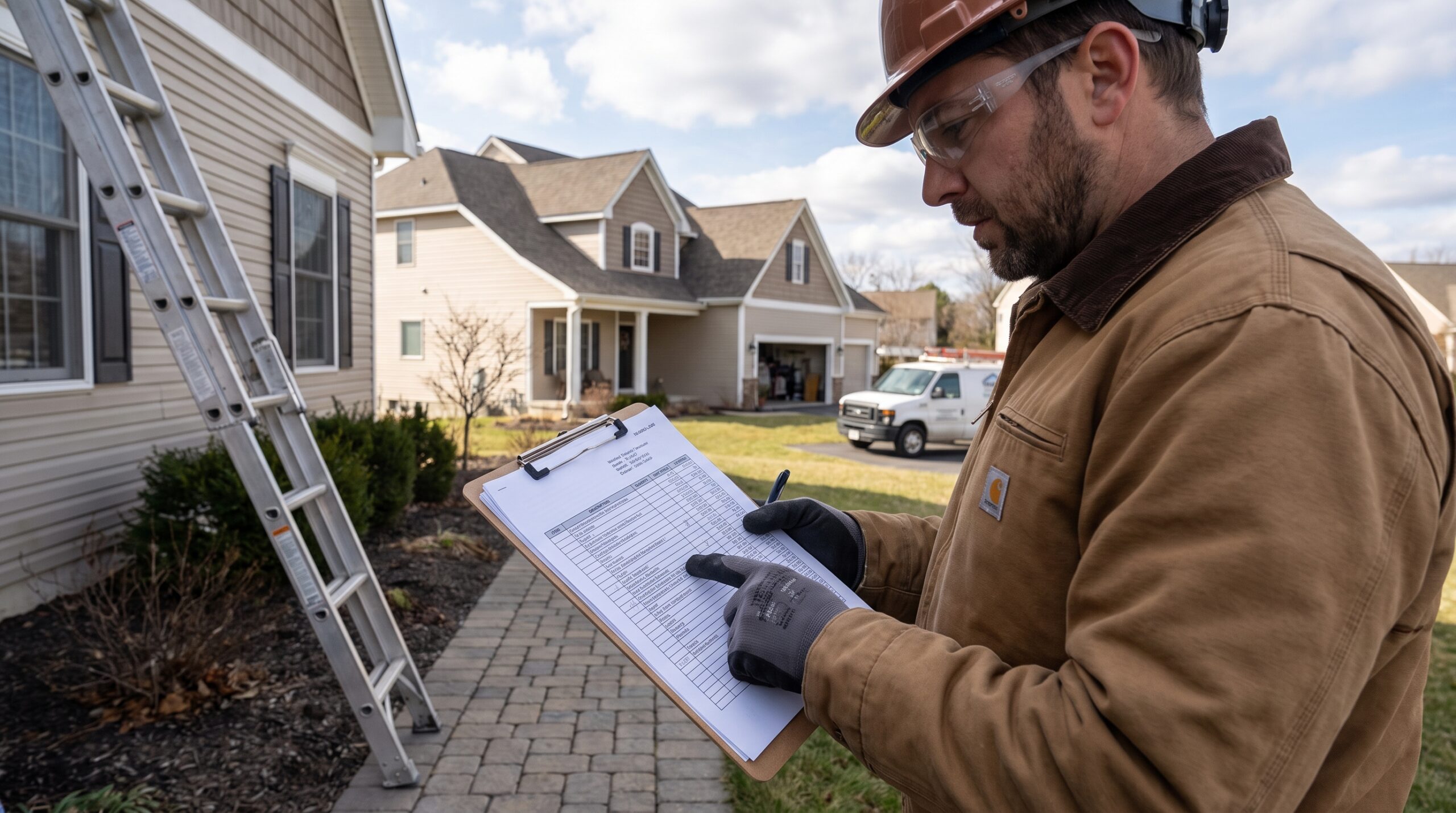 Step-by-Step Walkthrough of the Roofing Estimate Process — roofing contractor reviewing a detailed written estimate document on a clipboard outside a home, itemized line items visible, suburban house in background (AI-generated)