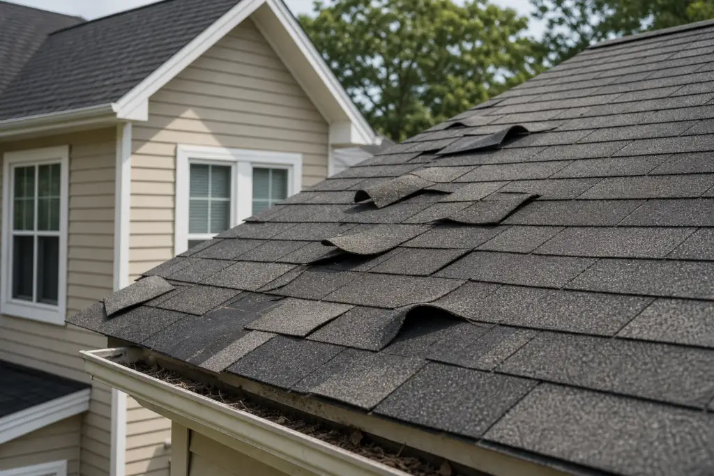 asphalt shingles installation close curling cracked asphalt