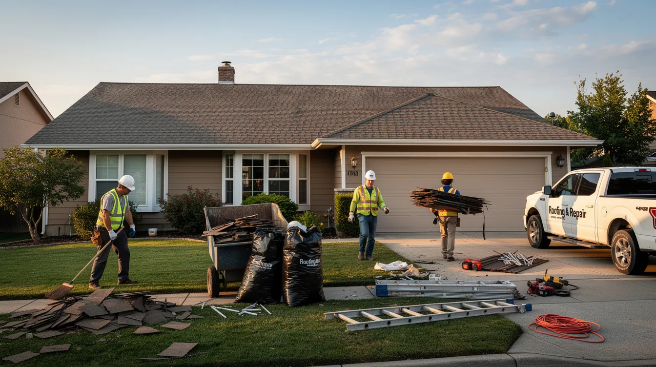 A roofing crew is seen cleaning up around a residential home after completing roof repair work, ensuring the area is free of debris and materials. The team of experienced professionals is committed to delivering quality service and maintaining the integrity of the property following their expert roof repair services.