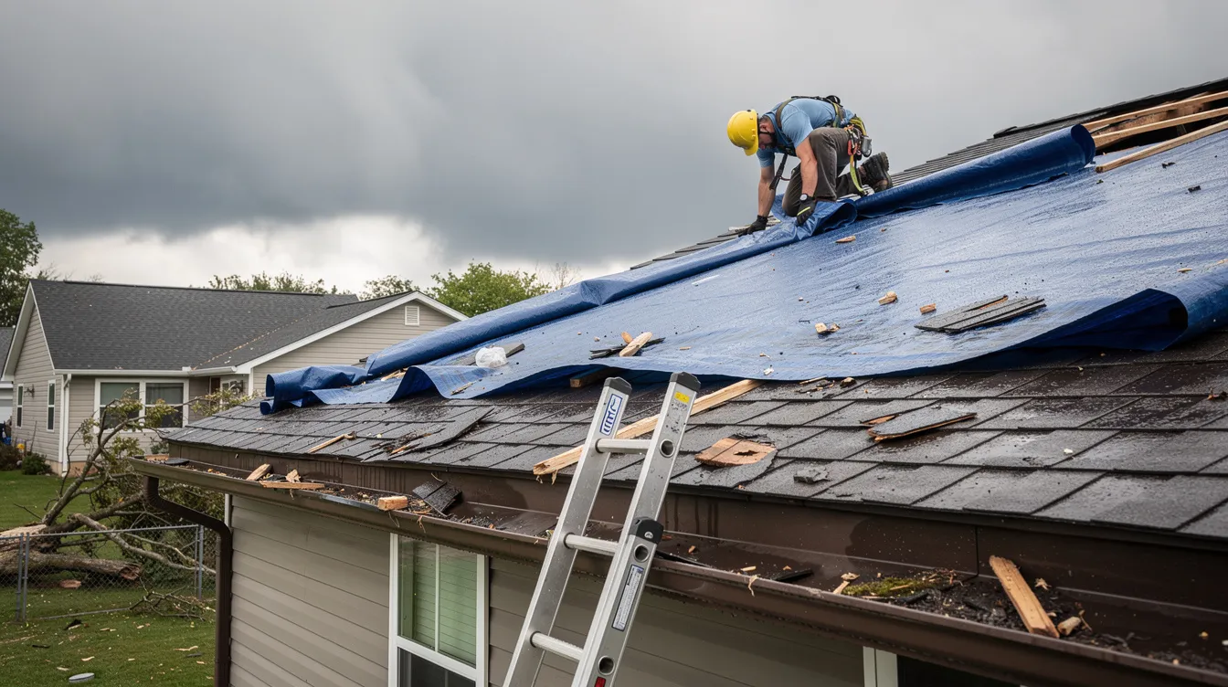 A roofing contractor is carefully placing a protective tarp over a storm-damaged residential roof, ensuring that the property is shielded from further damage while awaiting expert roof repair services. The scene highlights the importance of emergency repairs and the use of quality roofing materials to protect against the elements.