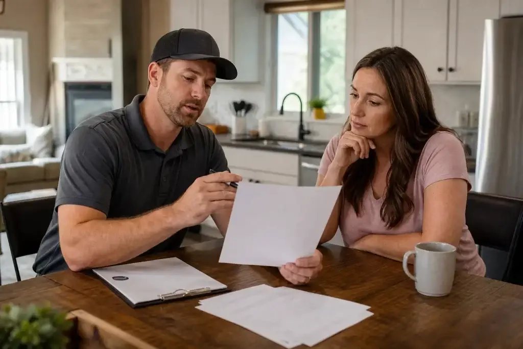 roofing estimate homeowner sitting kitchen table
