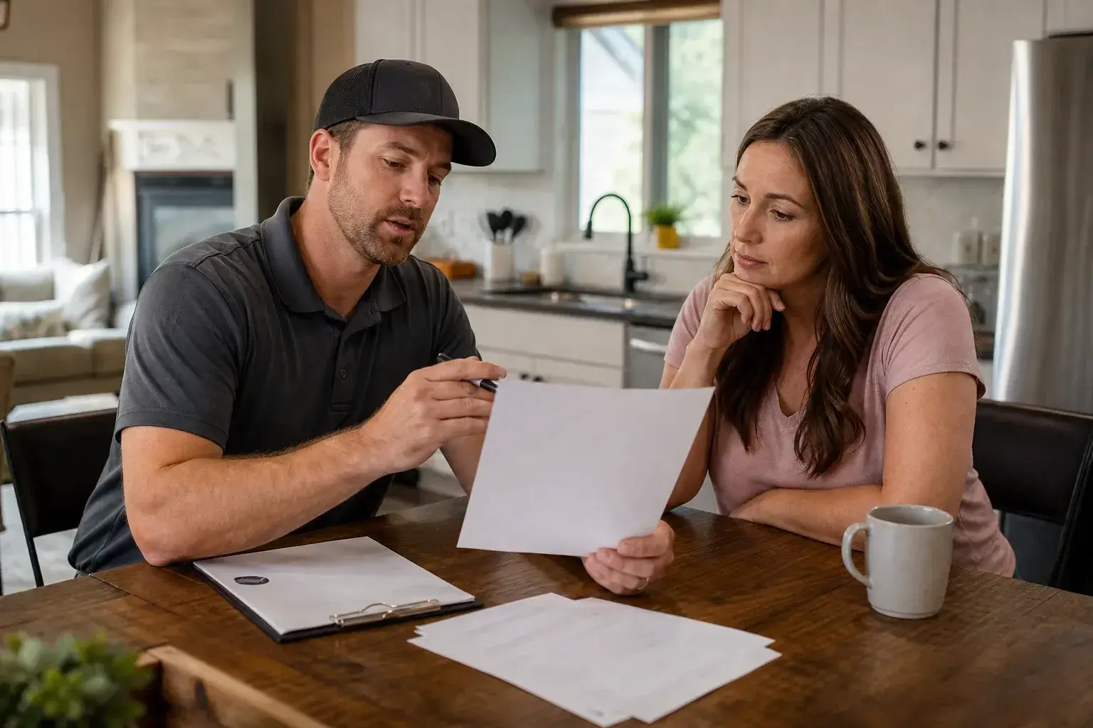 roofing estimate homeowner sitting kitchen table
